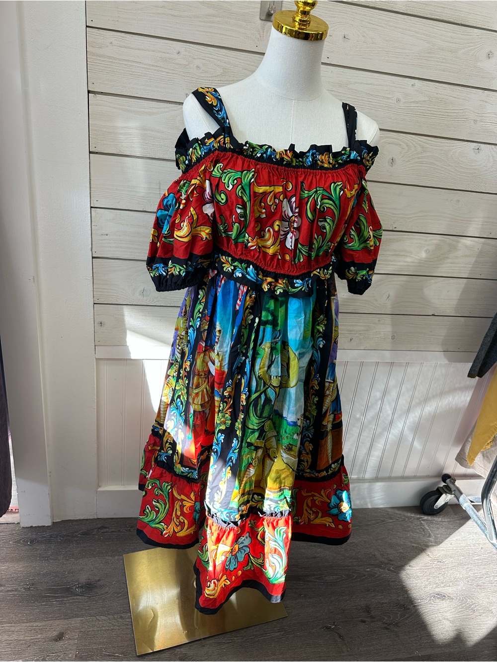 Dolce & Gabbana Sicilian Carretto Off Shoulder Cotton Midi Dress IT 40 - Picture 6 of 11